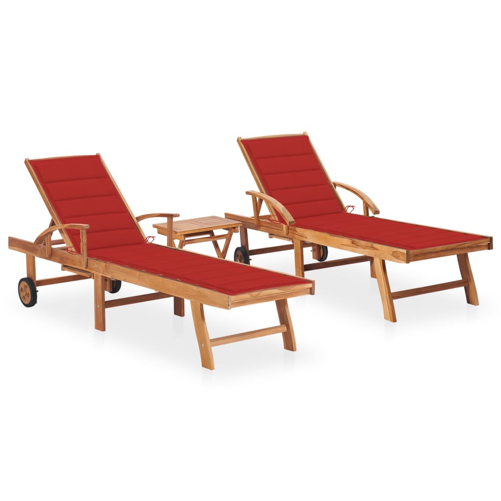 Set sezlonguri , 2 buc cu masa si perna, maro/rosu lemn masiv de tec 3073177 195 x 59,5 x 35 cm