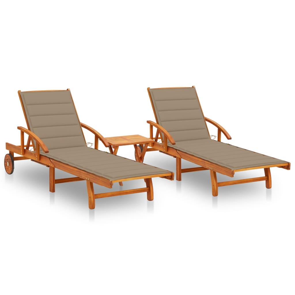 Set de 2 sezlonguri de gradina cu perna si masa inclusa vidaXL, Lemn de acacia, 199 x 67 x 85 cm, Maro/Bej