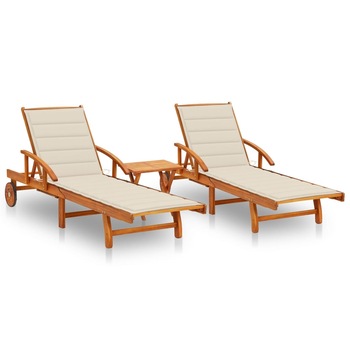 Set de 2 sezlonguri de exterior cu masa si perne vidaXL, Lemn de acacia, 199 x 67 x 85 cm, Maro/Crem Set de 2 sezlonguri de exterior cu masa si perne vidaXL, Lemn de acacia, 199 x 67 x 85 cm, Maro/Crem