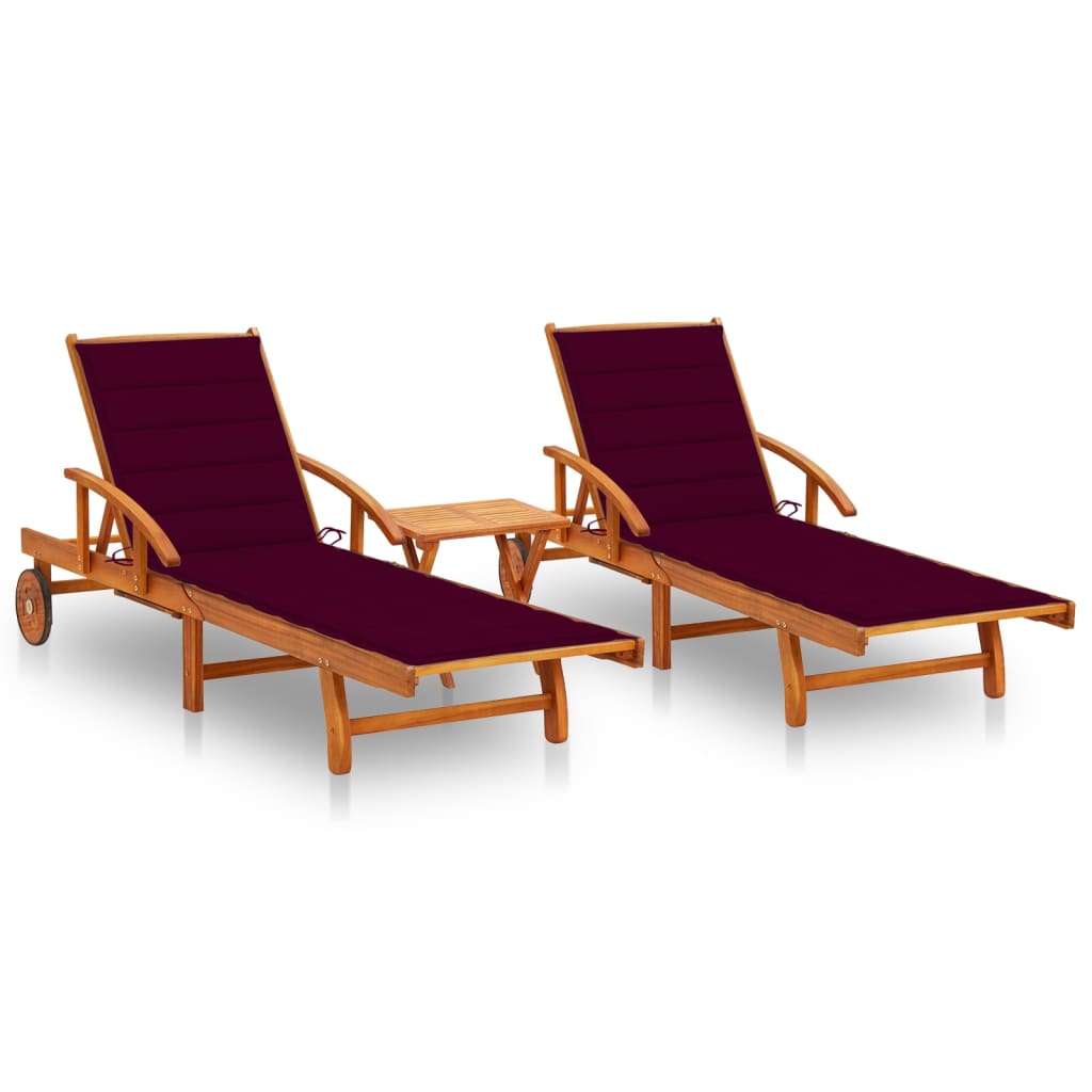 Set de 2 sezlonguri de exterior cu masa si perne vidaXL, Lemn de acacia, 199 x 67 x 85 cm, Maro/Rosu vin