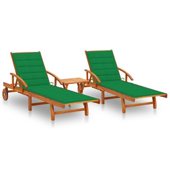 Set de 2 sezlonguri de exterior cu masa si perne vidaXL, Lemn de acacia, 199 x 67 x 85 cm, Maro/Verde Set de 2 sezlonguri de exterior cu masa si perne vidaXL, Lemn de acacia, 199 x 67 x 85 cm, Maro/Verde