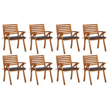 Set de 8 scaune de gradina din lemn masiv cu perne vidaXL, Lemn, 59 x 59 x 87 cm, perna 4 cm, Maro/Antracit