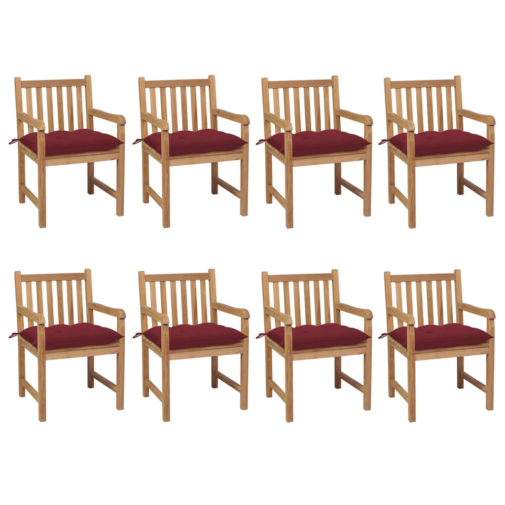 Set Scaune de gradina cu perne rosu vin, 8 buc maro/ Rosu vin, lemn masiv de tec 3073082