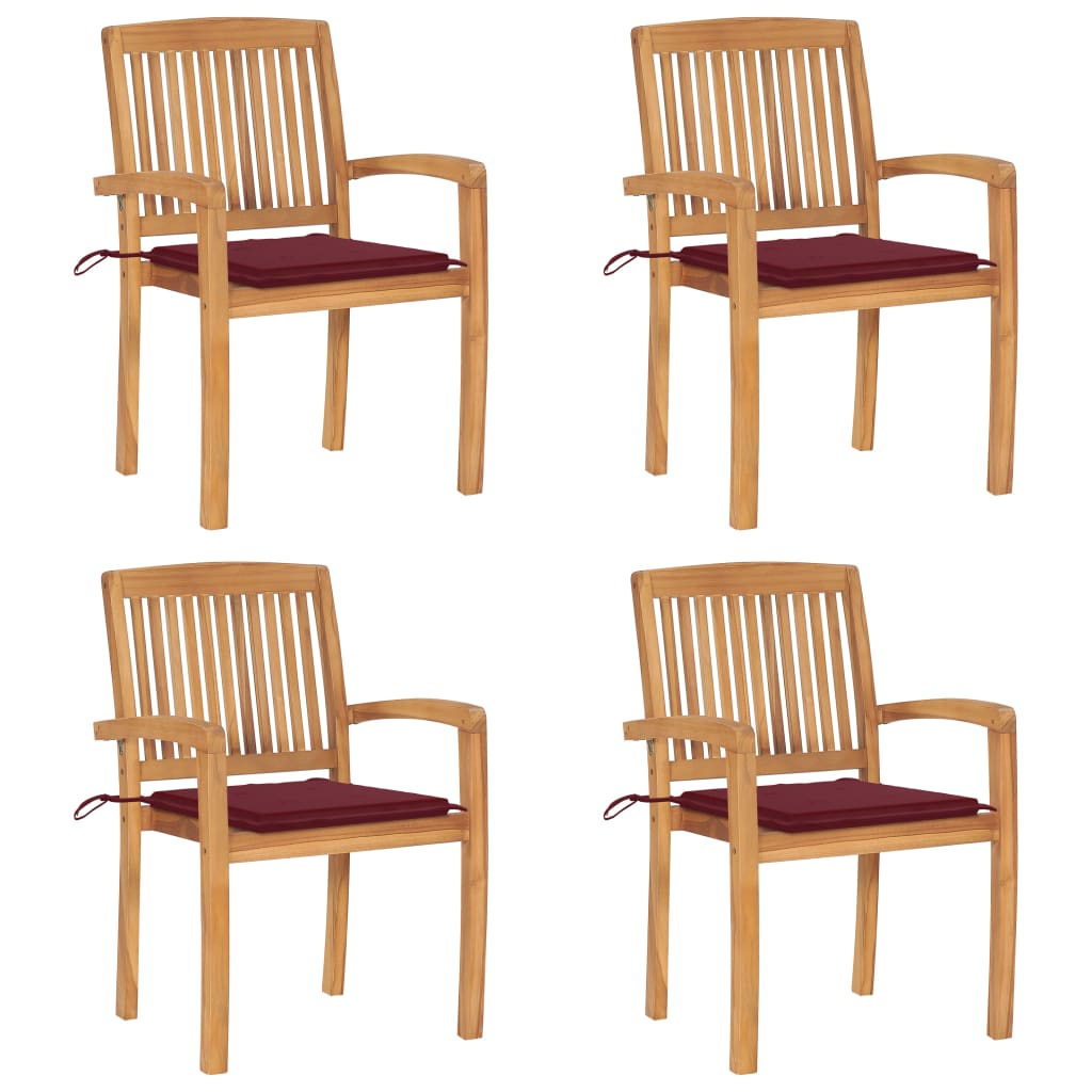 Set Scaune gradina stivuibile cu perne, 4 buc maro/Rosu vin , lemn masiv tec 3073219