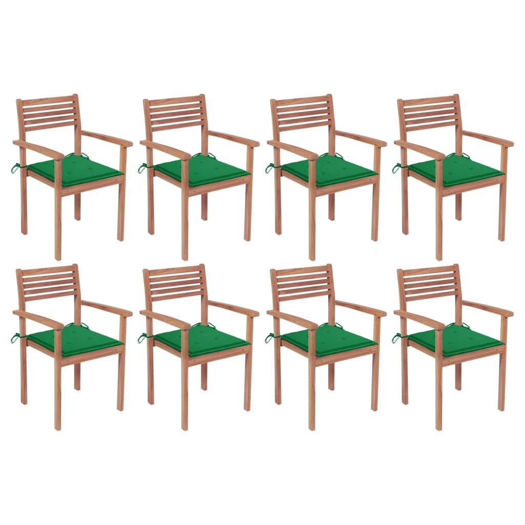 Set Scaune de gradina stivuibile cu perne, 8 buc maro/verde, lemn masiv tec 3072605