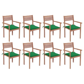 Set Scaune de gradina stivuibile cu perne, 8 buc maro/verde, lemn masiv tec 3072605 Set Scaune de gradina stivuibile cu perne, 8 buc maro/verde, lemn masiv tec 3072605