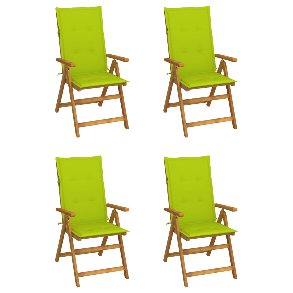 Set de 4 scaune rabatabile de gradina cu perne vidaXL, Lemn de acacia, 57 x 69 x 111 cm, perna 4 cm, Maro/Verde deschis
