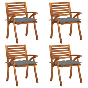 Set de 4 scaune de gradina din lemn masiv cu perne vidaXL, Lemn, 59 x 59 x 87 cm, perna 7 cm, Maro/Gri