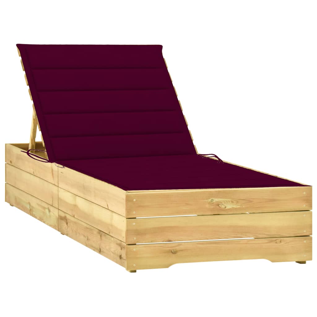 Sezlong cu perna rosu vin, lemn de pin tratat 3065918 198 x 90 x (30-75) cm