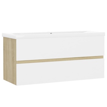 Set dulap si chiuveta de baie, vidaXL, PAL, 100 x 38.5 x 45 cm, Alb/Maro Stejar Set dulap si chiuveta de baie, vidaXL, PAL, 100 x 38.5 x 45 cm, Alb/Maro Stejar