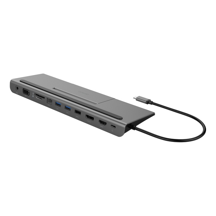 DELTACO USB-C докинг станция - DisplayPort, HDMI, VGA, 2xUSB-A 3.0, 1xUSB-A 2.0, Gigabit RJ45, SD, Micro SD, USB-C, 3,5 мм аудио, космическо сиво