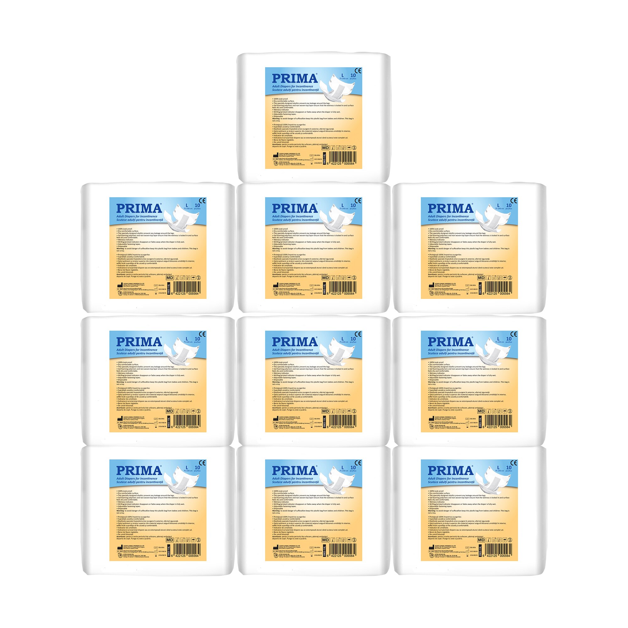 Pachet Scutece Incontinenta Adulti, Prima, L, 10bucati x 10 seturi