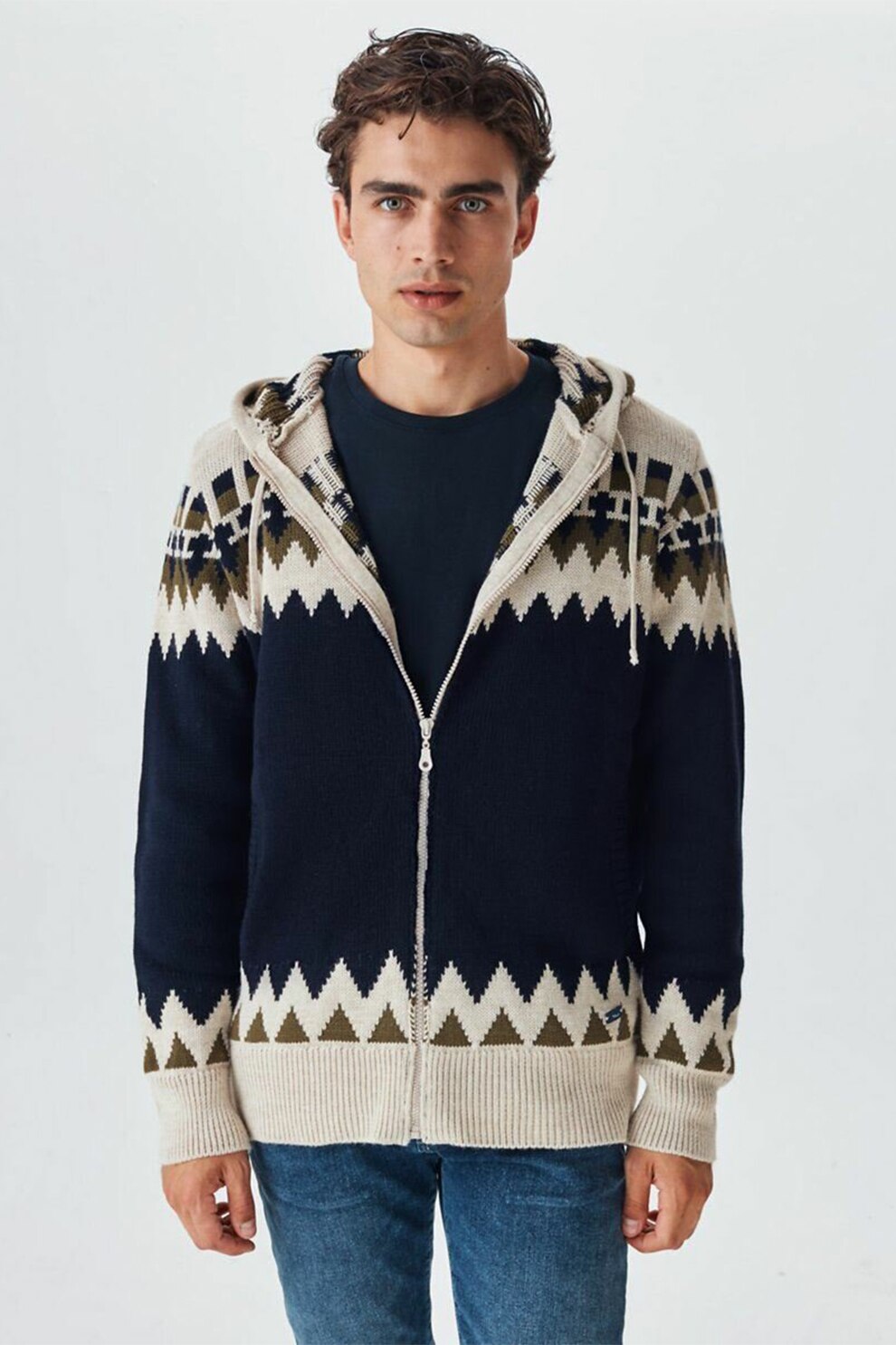 LTB, Cardigan cu model si fermoar, Bleumarin/Crem, S