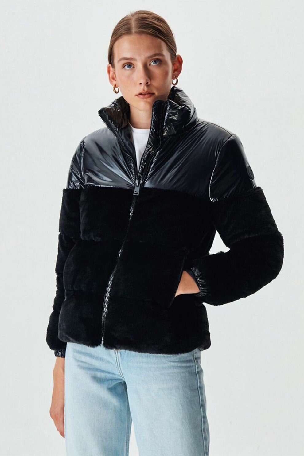 LTB, Geaca bufanta de blana sintetica si nailon, Negru, L