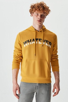 LTB, Hanorac cu imprimeu text si buzunar kangaroo, Galben mustar LTB, Hanorac cu imprimeu text si buzunar kangaroo, Galben mustar