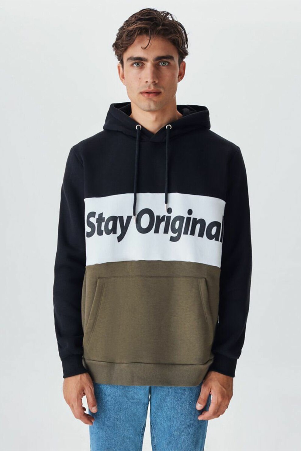 LTB, Hanorac cu ipmprimeu text si buzunar kangaroo, Negru/Alb/Verde militar