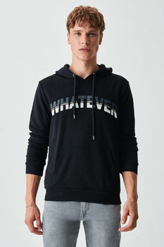 LTB, Hanorac cu imprimeu text si buzunar kangaroo, Negru LTB, Hanorac cu imprimeu text si buzunar kangaroo, Negru