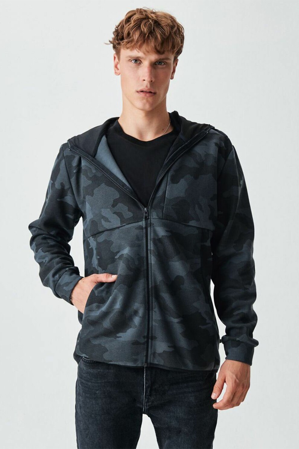 LTB, Hanorac cu fermoar si imprimeu camuflaj, Negru/Gri antracit