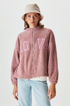 LTB, Bluza sport cu maneci cazute, fermoar si text brodat, Roz prafuit, S LTB, Bluza sport cu maneci cazute, fermoar si text brodat, Roz prafuit, S