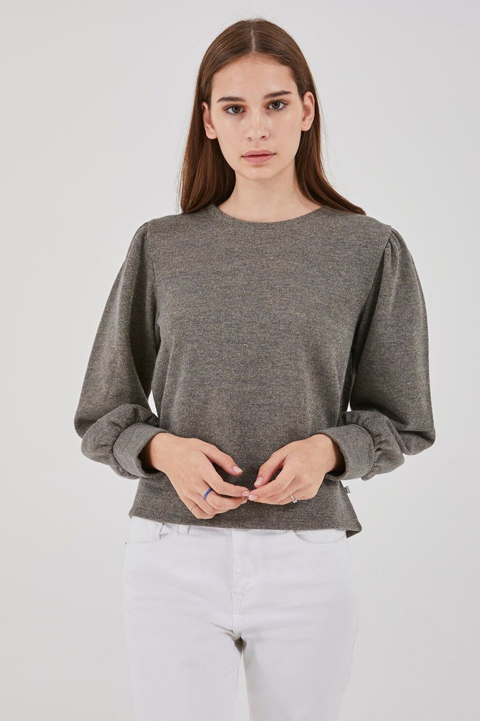 LTB, Bluza din amestec de bumbac cu maneci bufante, Gri inchis