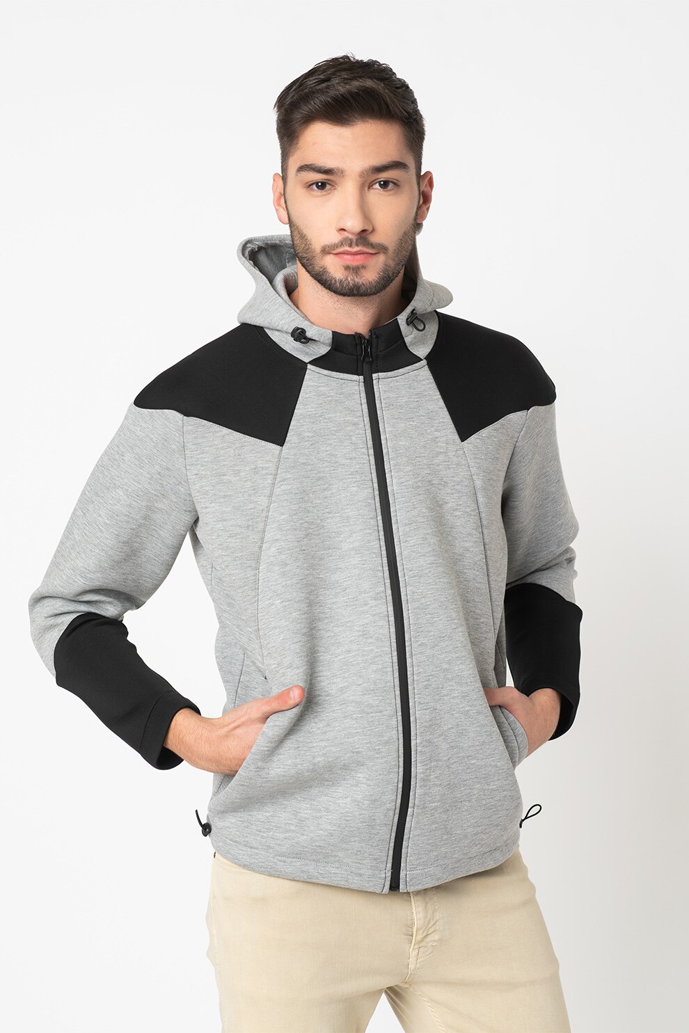 LTB, Hanorac cu model colorblock si fermoar, Gri/negru, XL