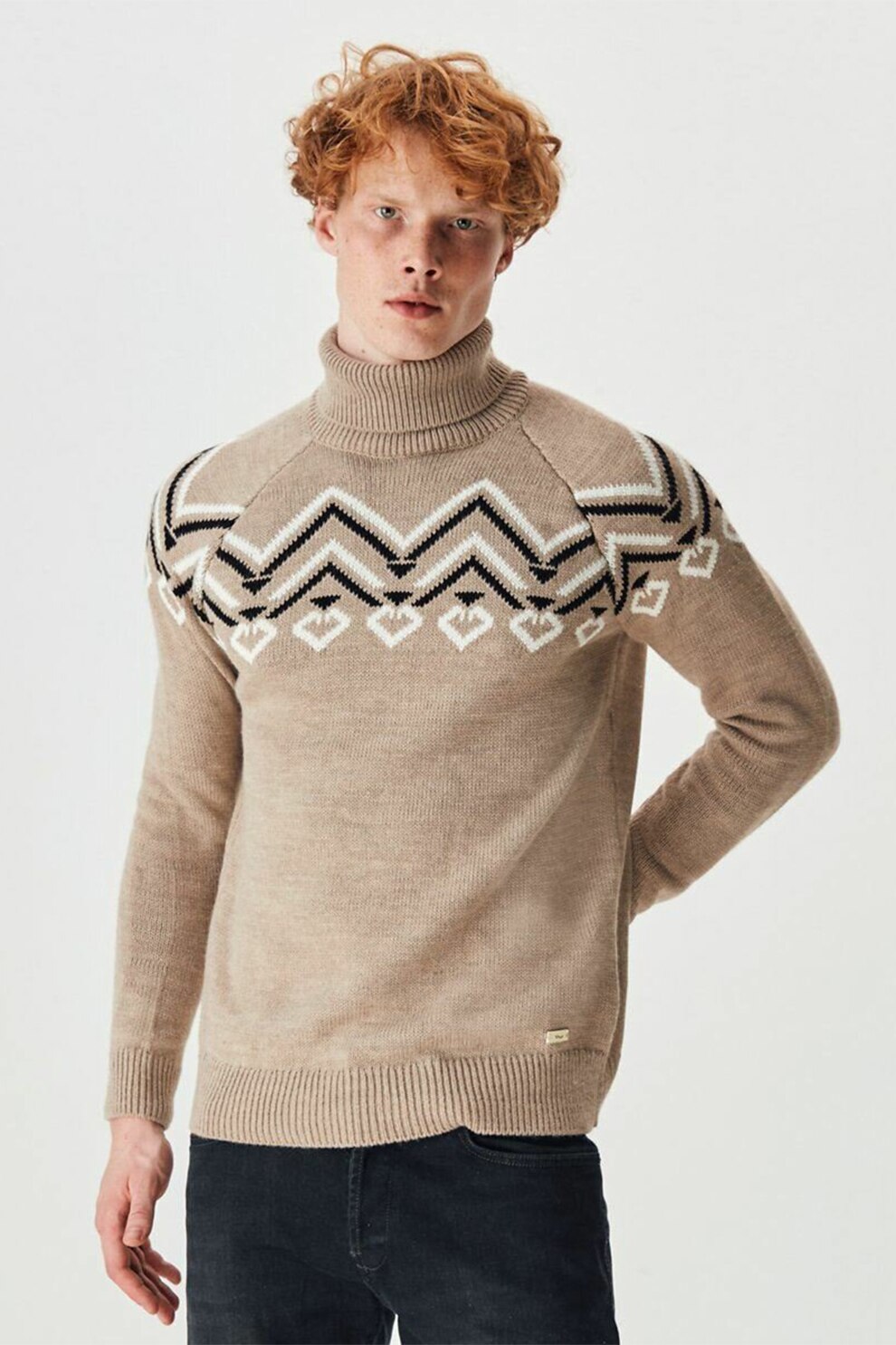 LTB, Pulover cu guler inalt si maneci raglan, Maro nisip/Negru/Alb, 3XL