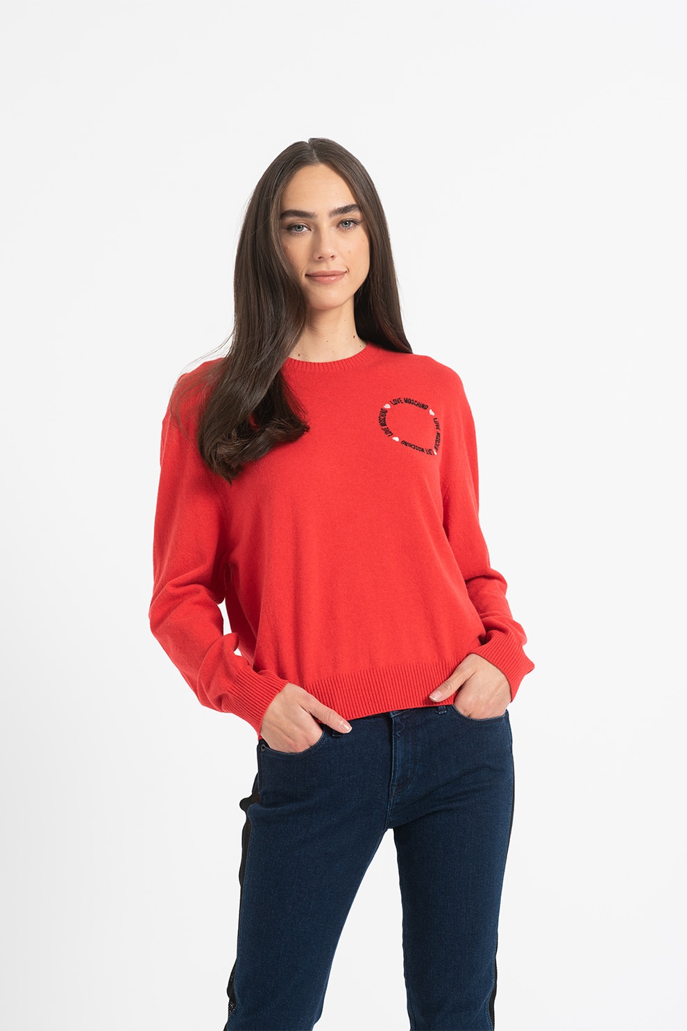 Love Moschino, Pulover tricotat fin cu maneci cazute, Rosu