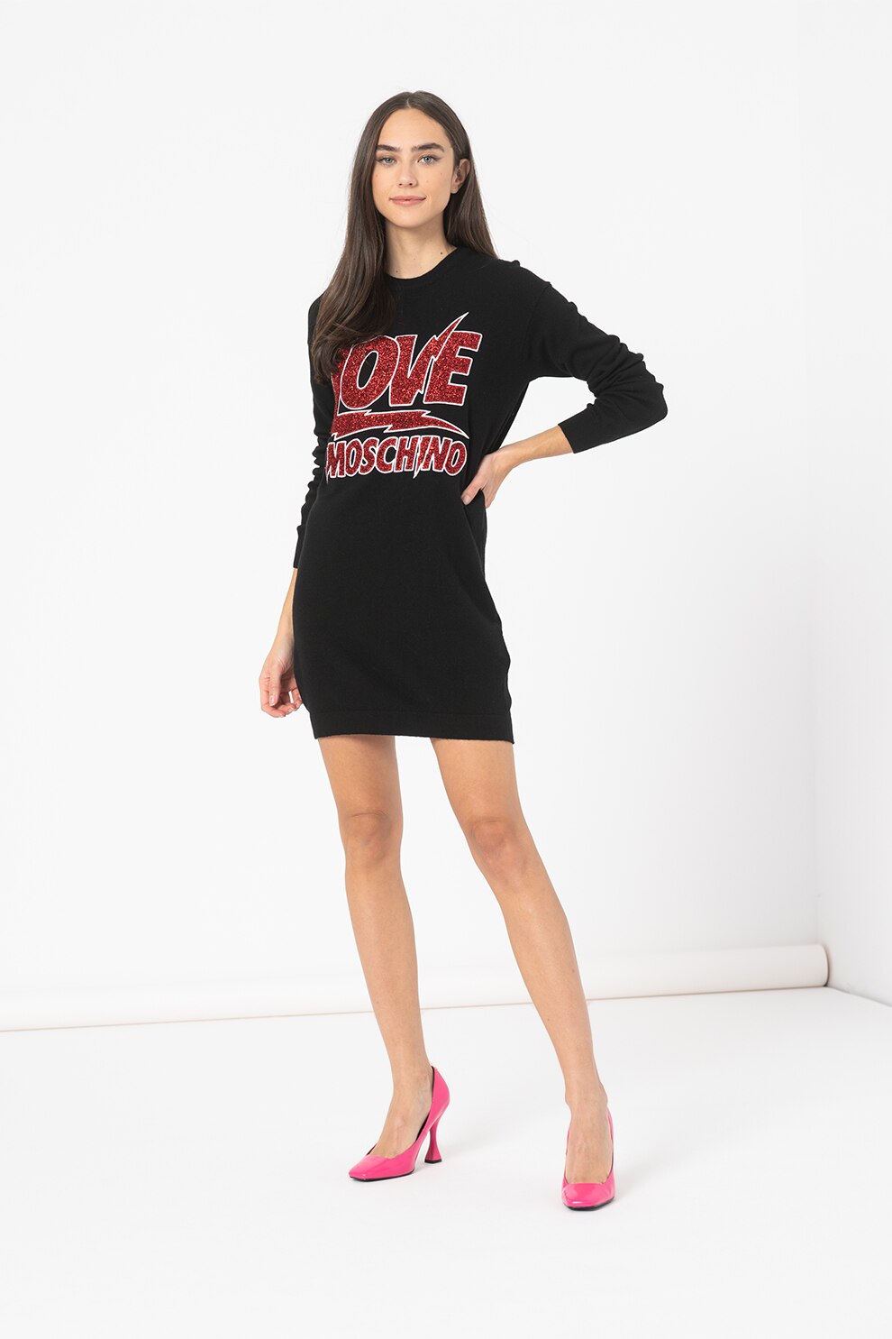 Love Moschino, Rochie tip pulover cu logo stralucitor, Negru/Rosu, M