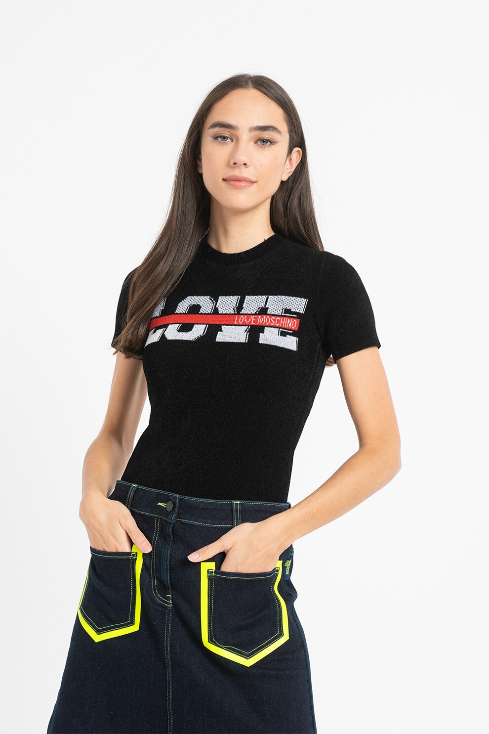 Love Moschino, Pulover din amestec de lana cu imprimeu logo, Negru/Alb/Rosu