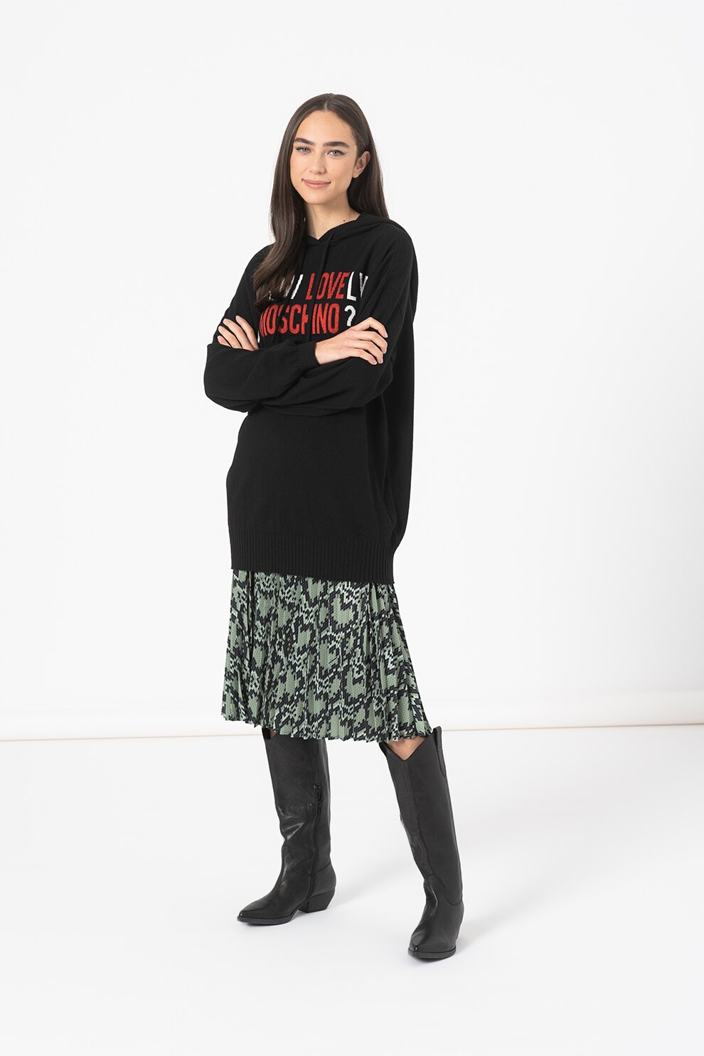 Love Moschino, Pulover din amestec de lana cu gluga si logo, Negru/Rosu/Alb