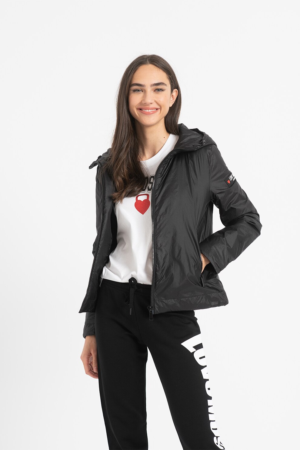 Love Moschino, Geaca cu gluga si buzunare oblice, Negru