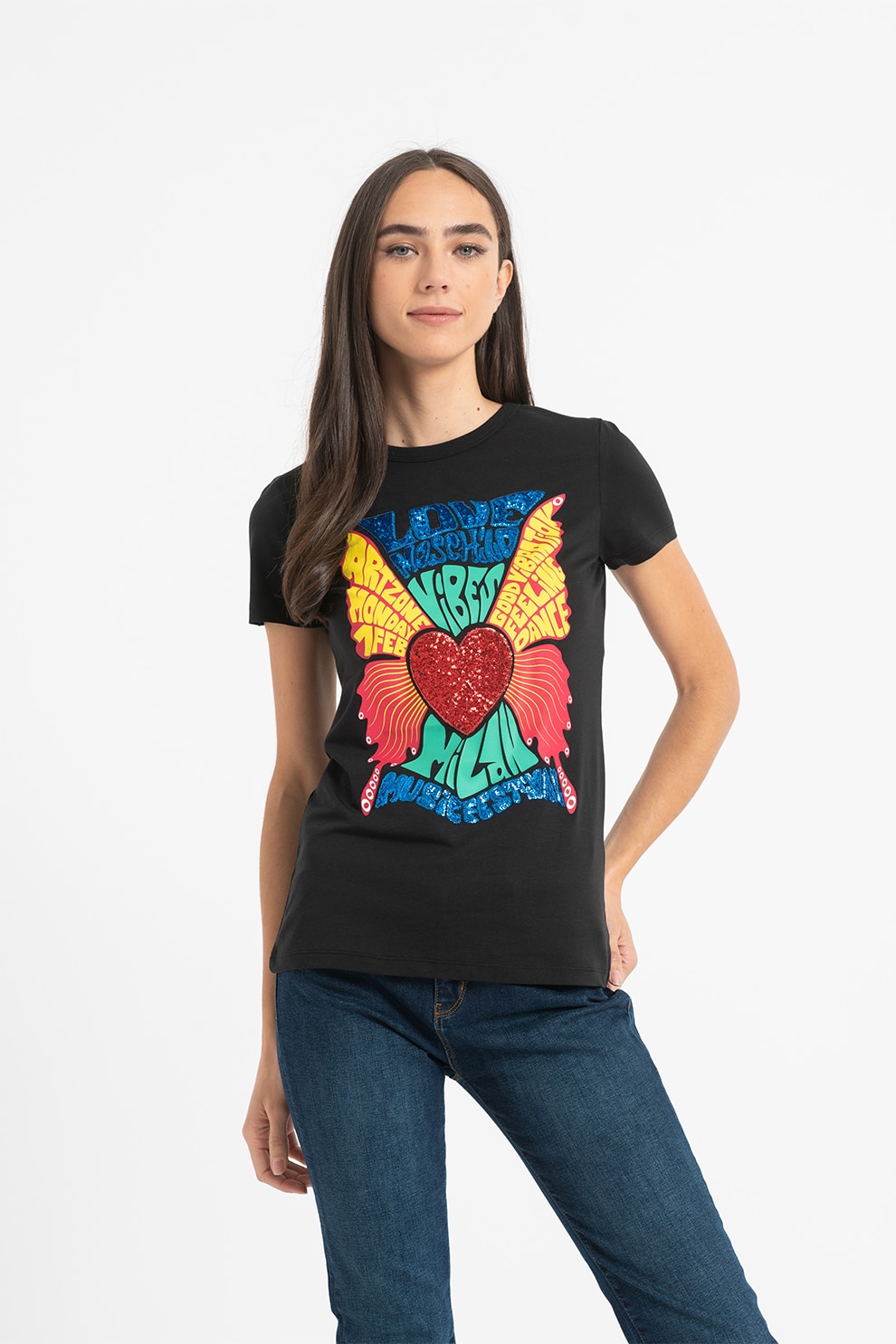 Love Moschino, Tricou cu decolteu rotund si imprimeu grafic, Negru/Albastru/Galben