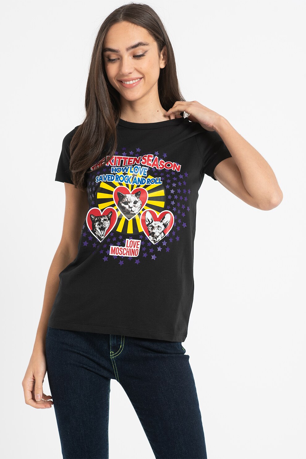 Love Moschino, Tricou cu decolteu la baza gatului si imprimeu grafic, Negru/rosu/violet ametist