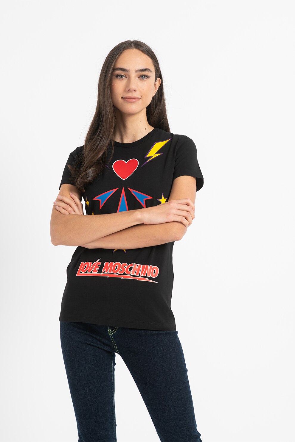Love Moschino, Tricou cu decolteu la baza gatului si imprimeu grafic, Negru/Galben/Rosu