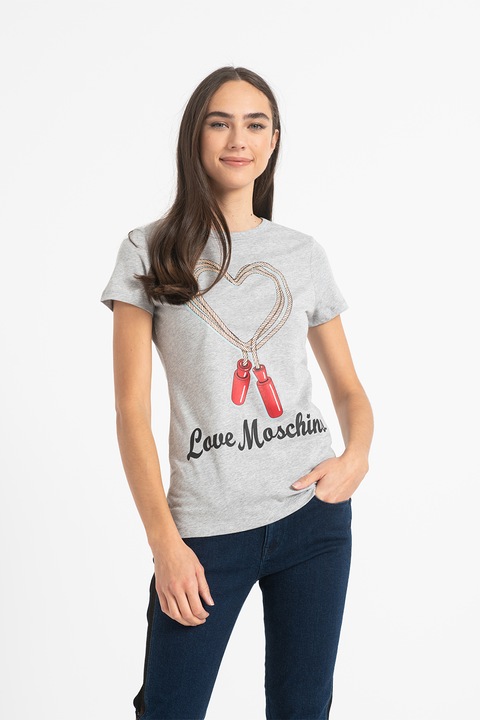 Love Moschino, Тениска с овално деколте и фигурална щампа, Сив меланж, S