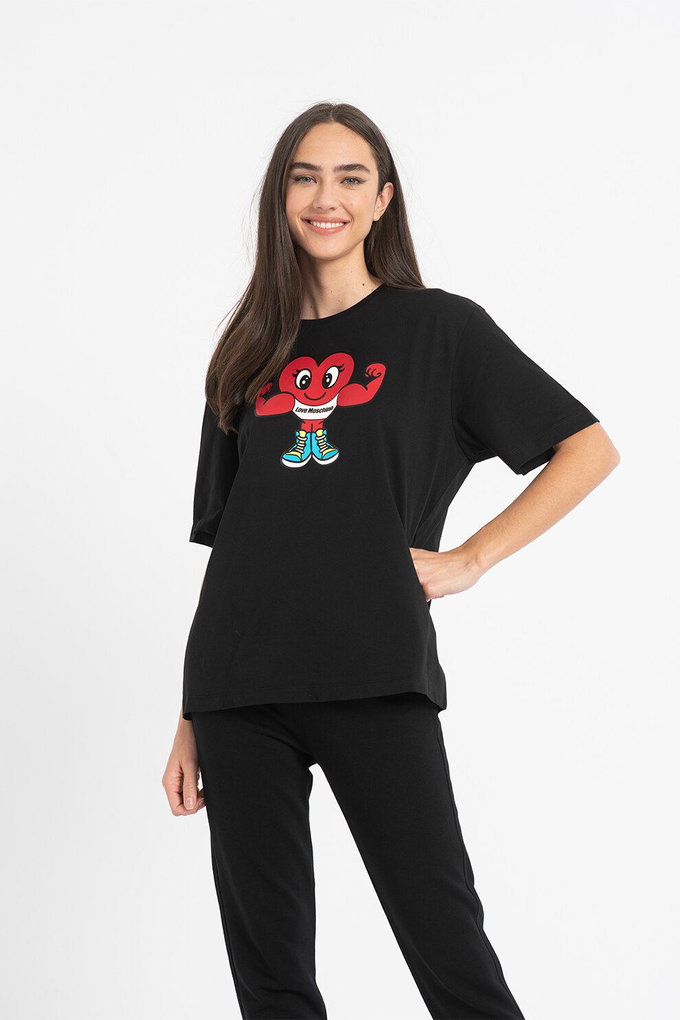 Love Moschino, Tricou lejer cu imprimeu grafic, Negru/Rosu/Turcoaz