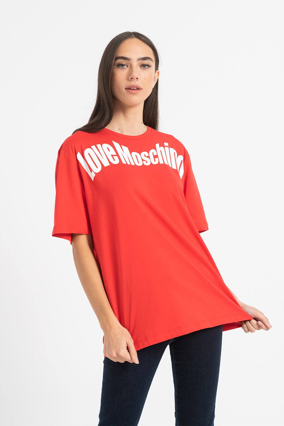 Love Moschino, Tricou supradimensionat cu imprimeu text contrastant, Rosu/Alb