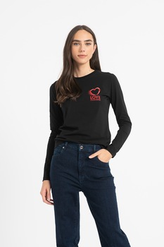 Love Moschino, Bluza cu decolteu la baza gatului si imprimeu logo contrastant, Negru/Rosu Love Moschino, Bluza cu decolteu la baza gatului si imprimeu logo contrastant, Negru/Rosu