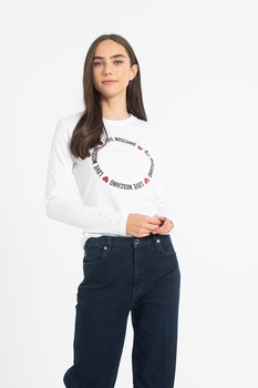 Love Moschino, Bluza cu decolteu la baza gatului si imprimeu logo circular pe piept, Alb/Rosu Love Moschino, Bluza cu decolteu la baza gatului si imprimeu logo circular pe piept, Alb/Rosu