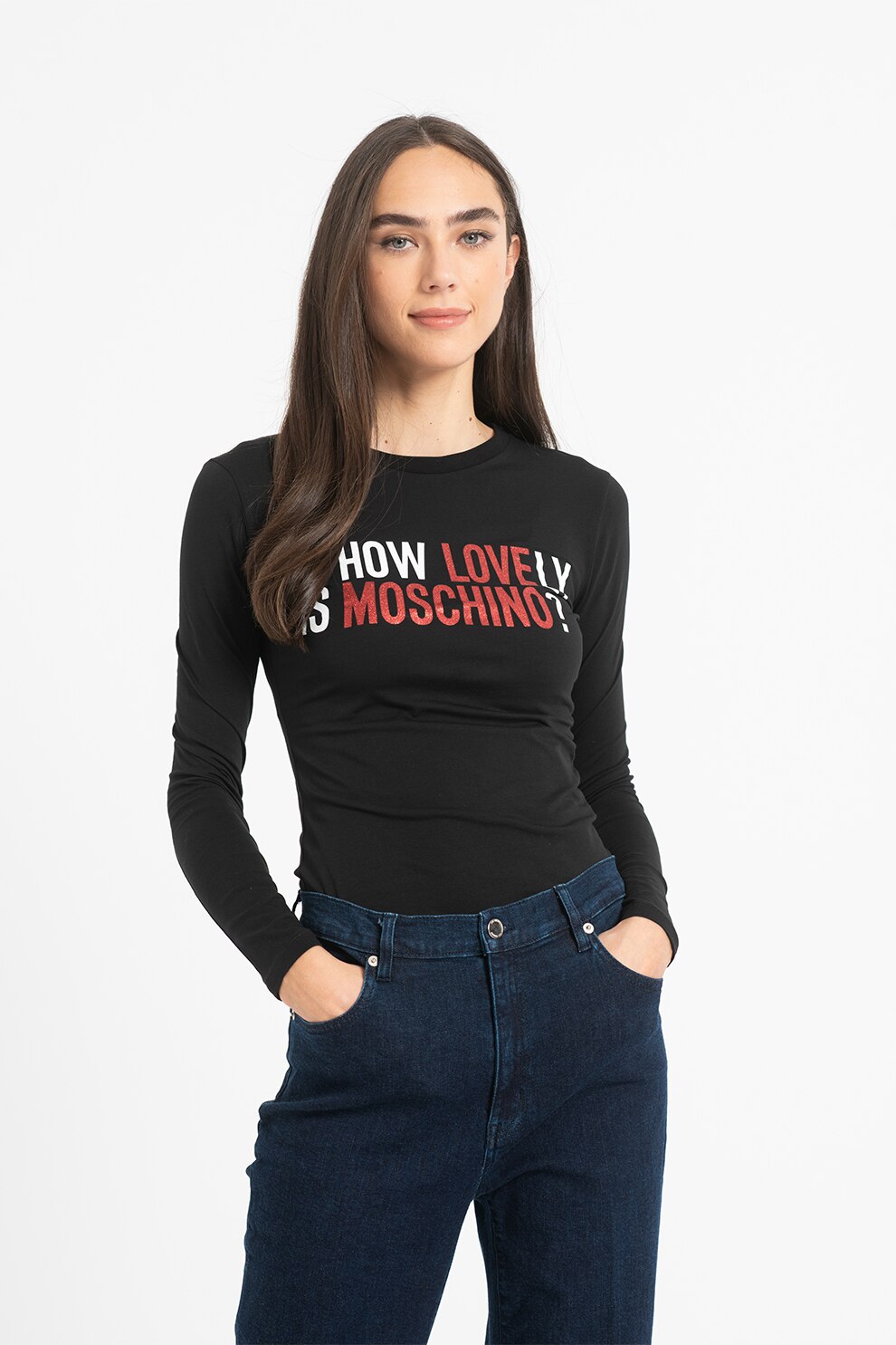 Love Moschino, Bluza cu decolteu la baza gatului si imprimeu logo stralucitor, Negru/Alb/Rosu, XL