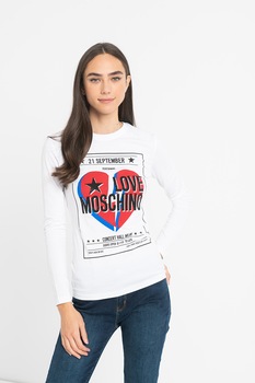 Love Moschino, Bluza cu decolteu la baza gatului, imprimeu logo si grafic, Alb/Rosu/Albastru Love Moschino, Bluza cu decolteu la baza gatului, imprimeu logo si grafic, Alb/Rosu/Albastru