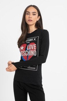 Love Moschino, Bluza cu decolteu la baza gatului, imprimeu logo si grafic, Negru/Rosu/Albastru Love Moschino, Bluza cu decolteu la baza gatului, imprimeu logo si grafic, Negru/Rosu/Albastru