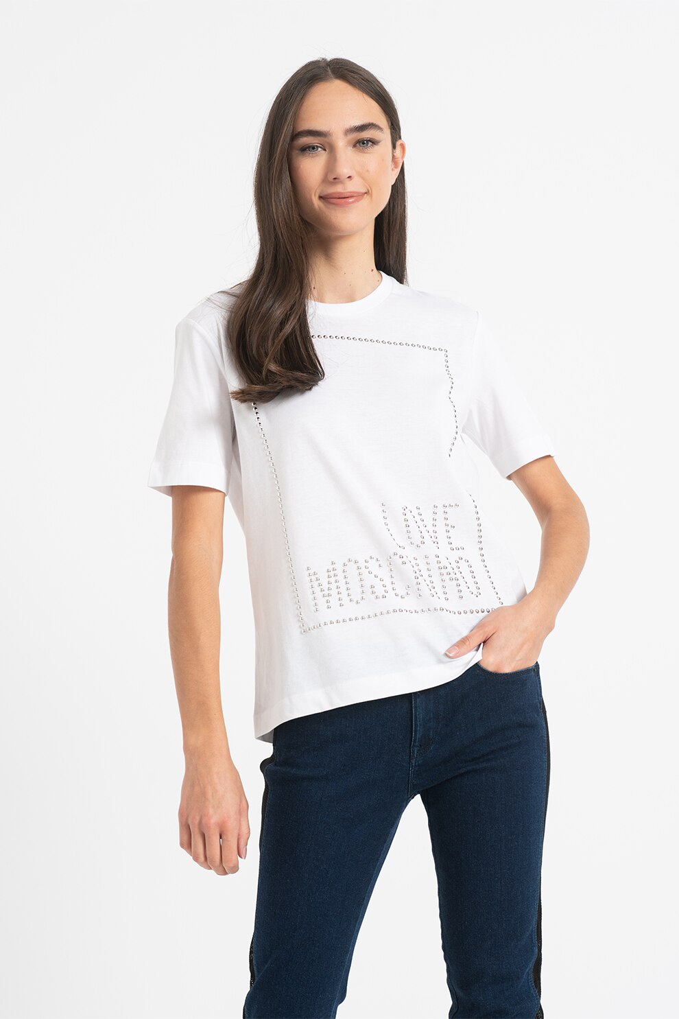 Love Moschino, Tricou cu decolteu la baza gatului si nituri, Alb