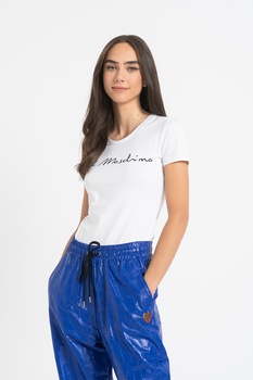 Love Moschino, Tricou din amestec de bumbac cu decolteu la baza gatului si imprimeu logo, Alb/Negru Love Moschino, Tricou din amestec de bumbac cu decolteu la baza gatului si imprimeu logo, Alb/Negru