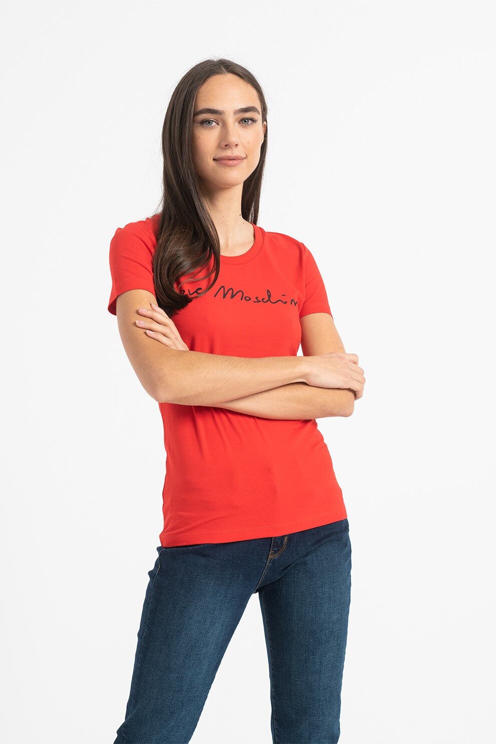 Love Moschino, Tricou din amestec de bumbac cu decolteu la baza gatului si imprimeu logo, Rosu