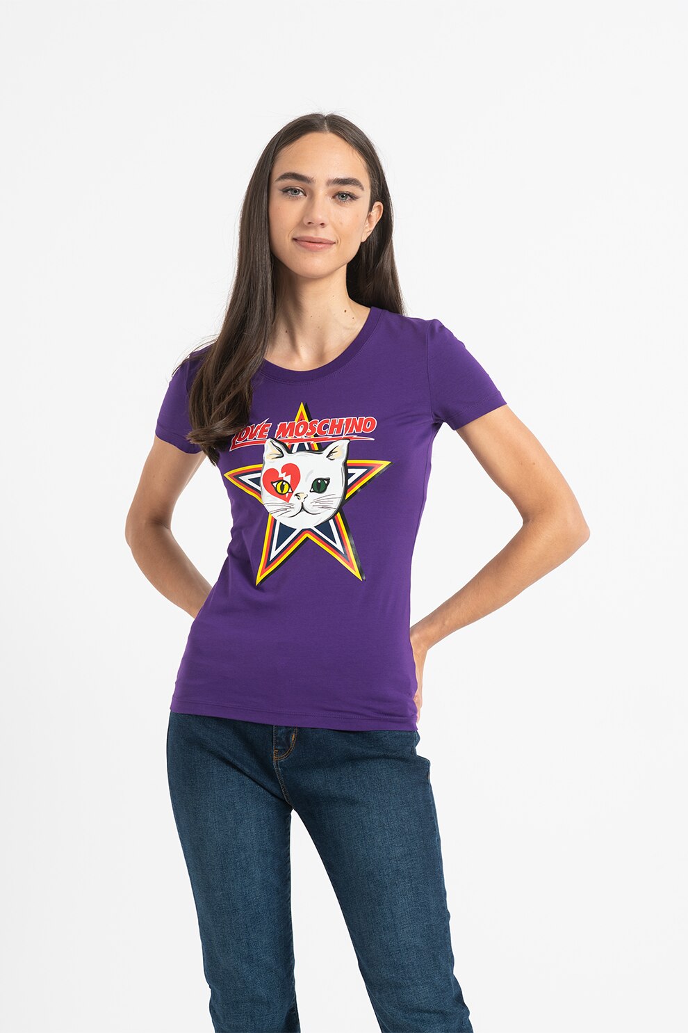 Love Moschino, Tricou cu decolteu la baza gatului, imprimeu logo si grafic, Violet ametist/rosu/galben