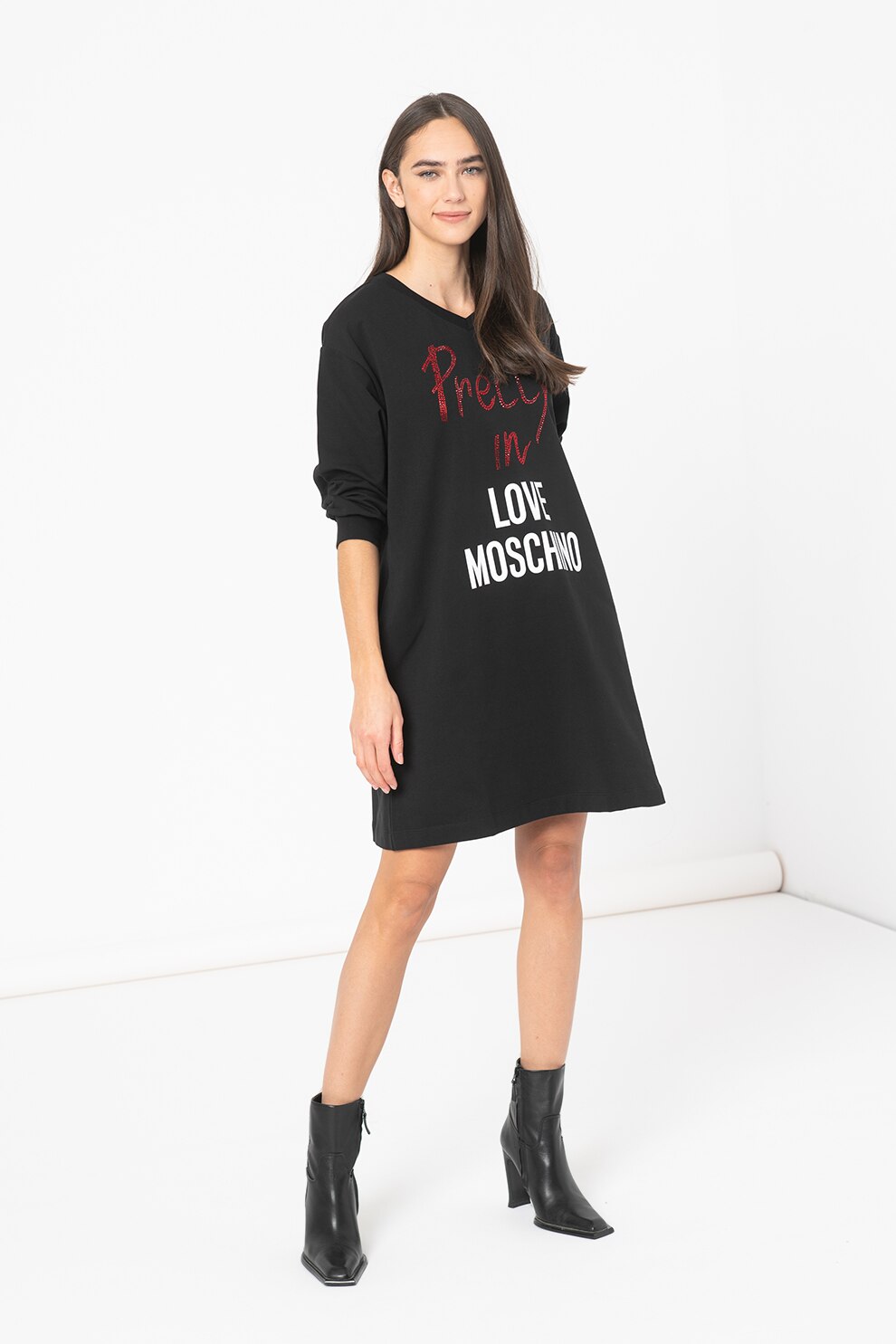 Love Moschino, Rochie scurta cu aplicatii cu strasuri, Negru/Alb/Rosu