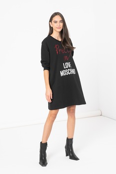 Love Moschino, Rochie scurta cu aplicatii cu strasuri, Negru/Alb/Rosu Love Moschino, Rochie scurta cu aplicatii cu strasuri, Negru/Alb/Rosu