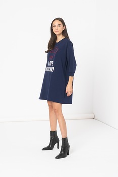 Love Moschino, Rochie scurta cu aplicatii cu strasuri, Bleumarin/Rosu Love Moschino, Rochie scurta cu aplicatii cu strasuri, Bleumarin/Rosu