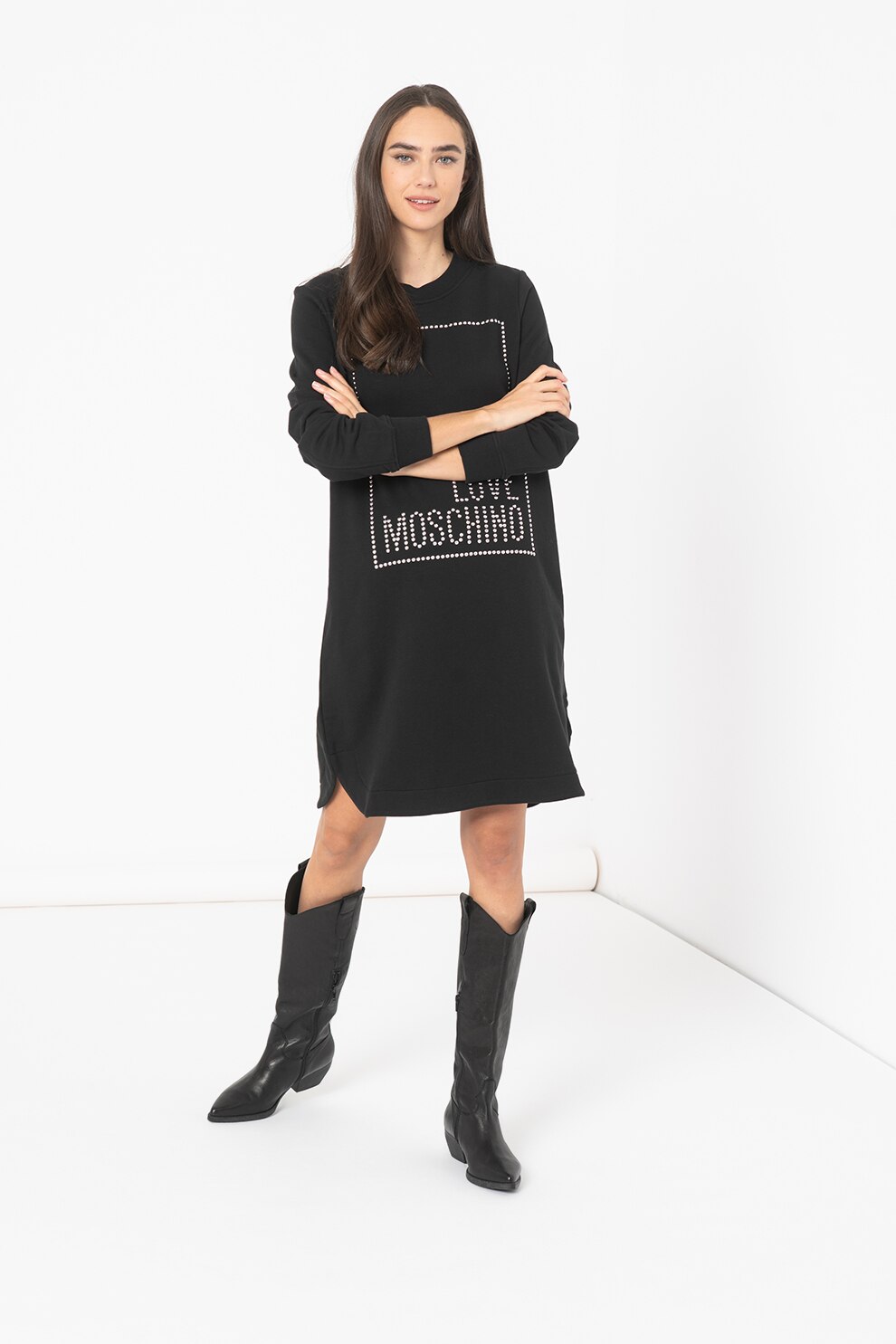 Love Moschino, Rochie midi cu aplicatii cu strasuri, Negru